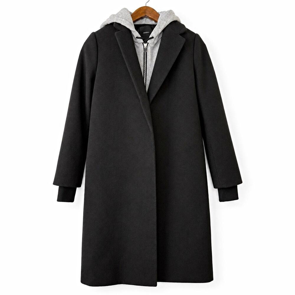 Forever 21 Women’s Small Black Longline Coat Gray Hoodie Insert Snap Front Lined